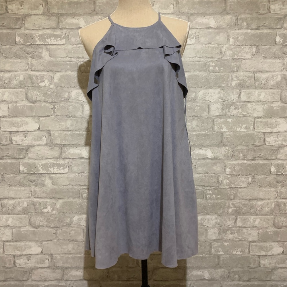 She + Sky Faux Suede Dress Halter Mini Short Cocktail Light Blue Shift Bridal S